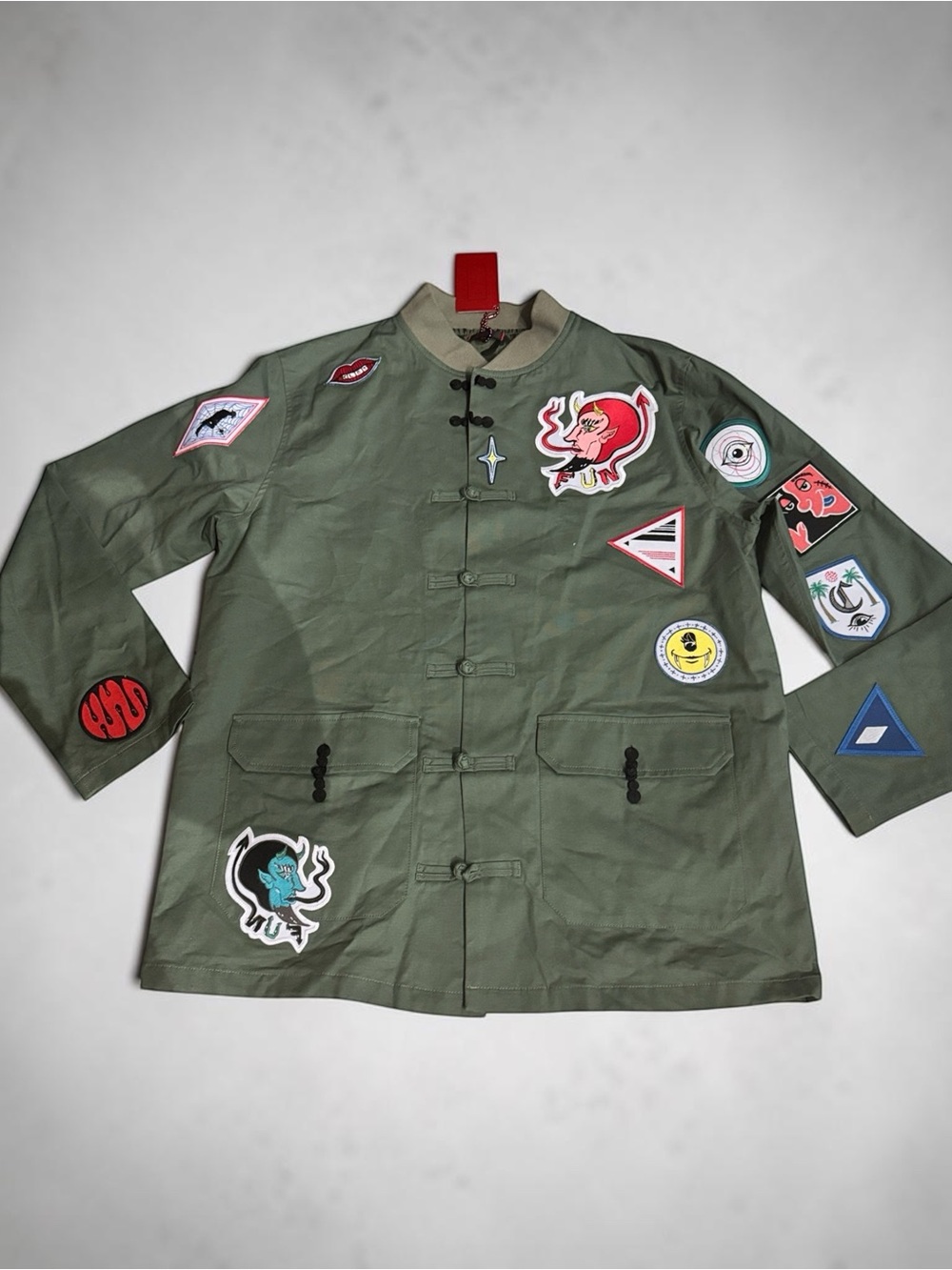 Patchwork Patch-Adorned Olive Military Field Jacket